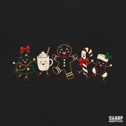 Cute retro Christmas characters holding hands PNG design with gingerbread man and tree for holiday shirt sublimation