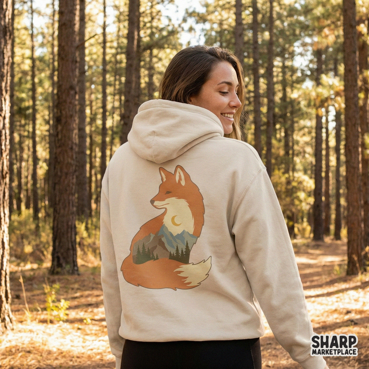 Digital sublimation graphic of a red fox with a serene forest, mountain, and moon scene inside, perfect for nature-themed apparel and DIY crafts.