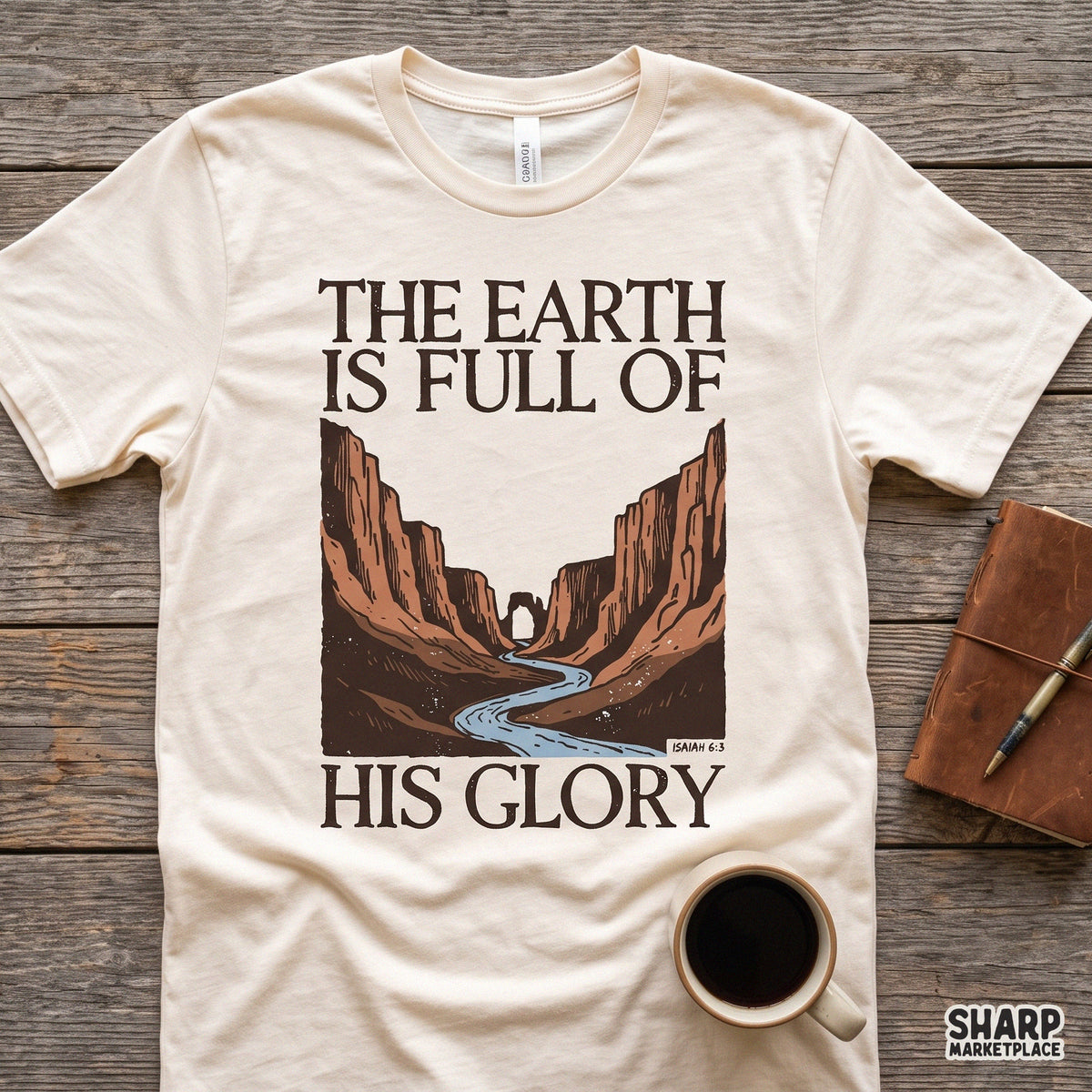 Western retro desert landscape with river and Isaiah 6:3 Bible verse Christian PNG sublimation design