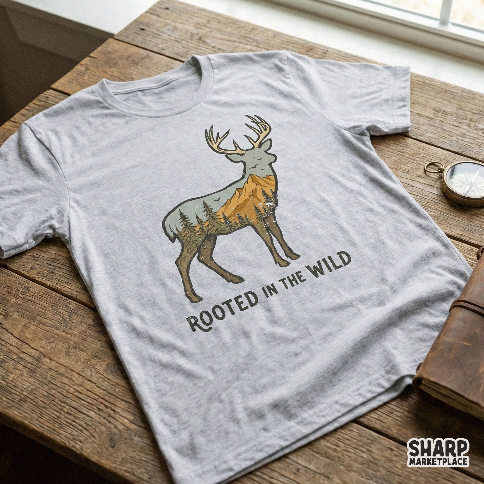 Gray t-shirt mockup displaying a rustic deer silhouette design with mountain and forest scenery and the quote Rooted in the Wild for outdoor enthusiasts.