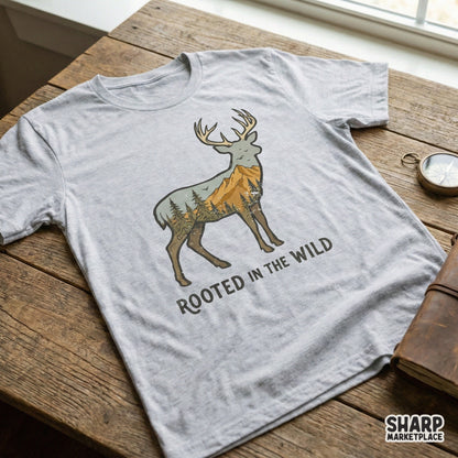 Gray t-shirt mockup displaying a rustic deer silhouette design with mountain and forest scenery and the quote Rooted in the Wild for outdoor enthusiasts.