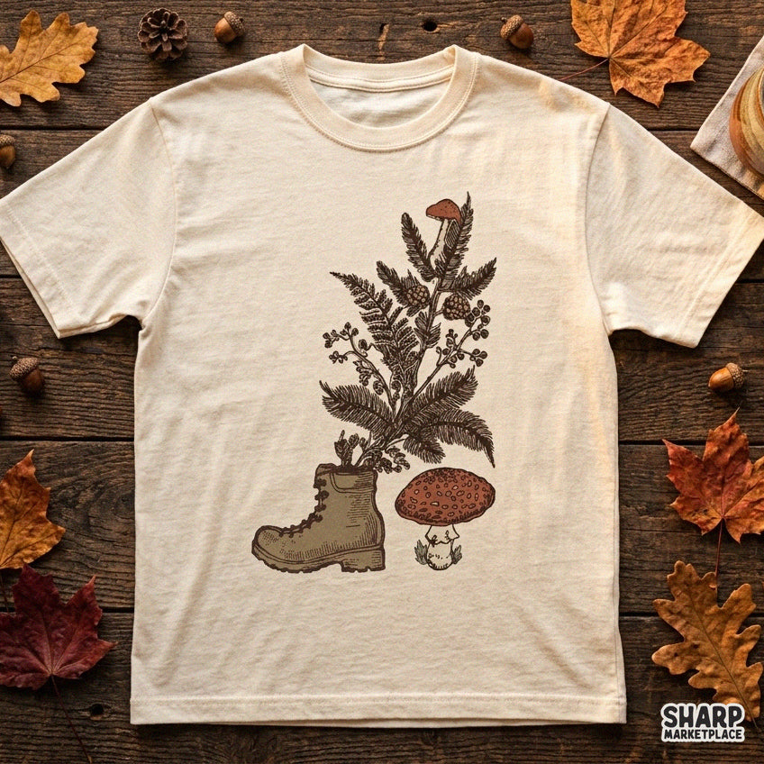 Vintage hiking boot with growing ferns and red fungi retro mushroom PNG graphic for fall t-shirts