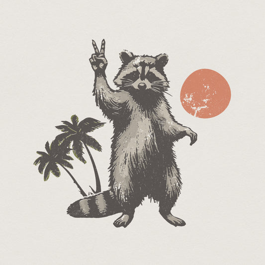 Raccoon Peace Sign PNG, Palm Tree Summer Animal Clipart - 300 DPI Design