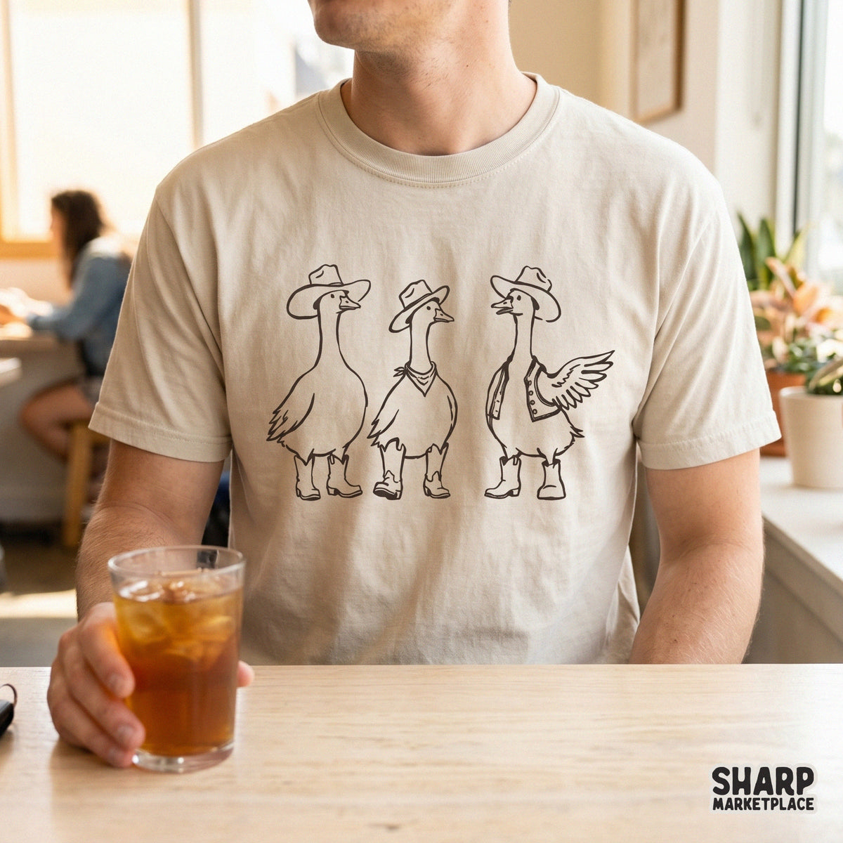 Retro-style line art of three geese dressed as cowboys, suitable for digital printing on tumblers, tote bags, or trendy western-themed clothing.