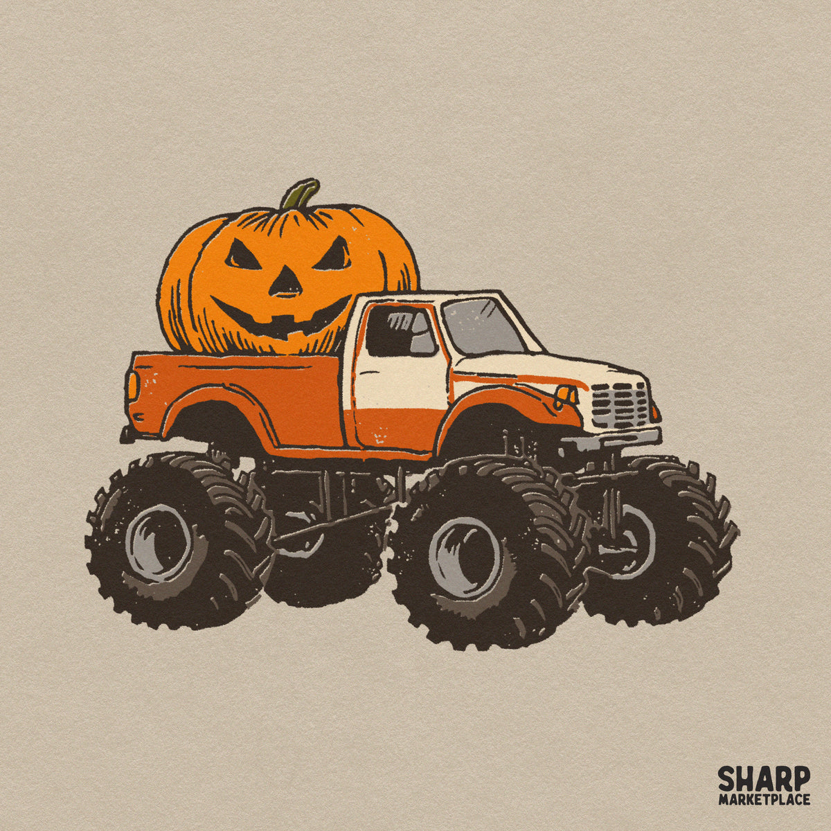 Retro monster truck jack o lantern pumpkin graphic for boys Halloween t-shirt sublimation PNG