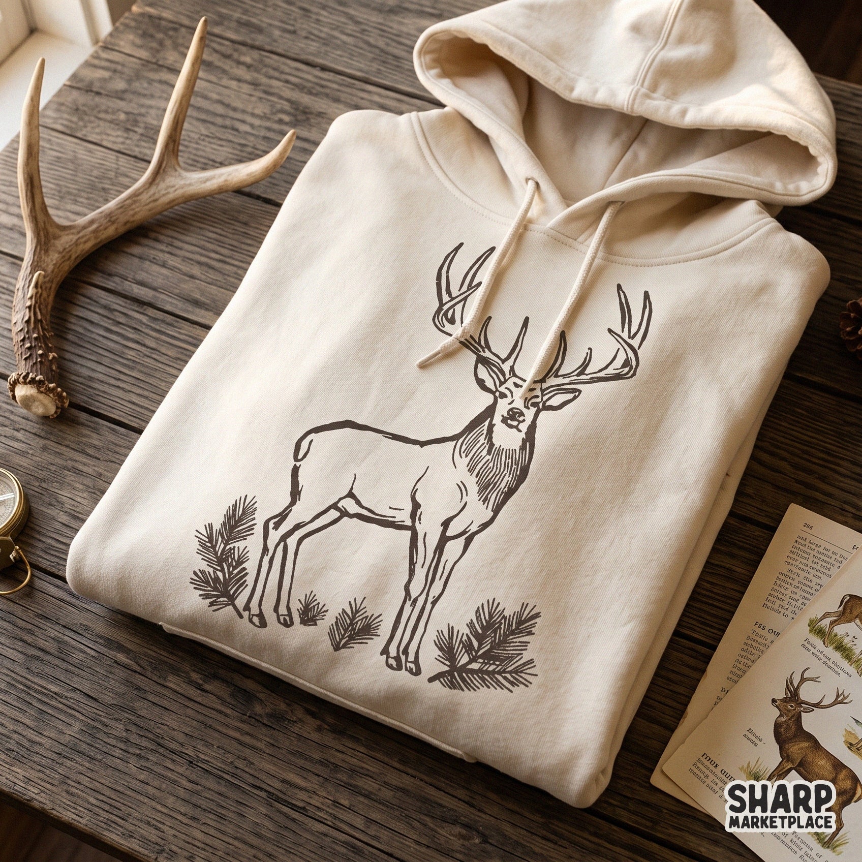 Vintage buck deer sketch in a rustic country music style for fall sublimation and camping apparel design