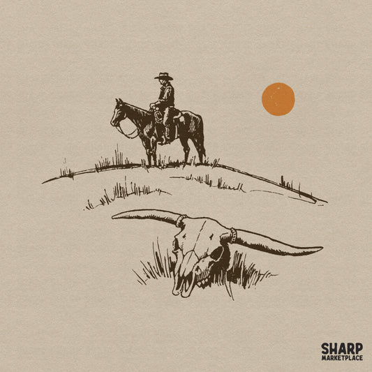 Hand-drawn western scene with a cowboy on horseback atop a hill, a longhorn skull in the grass, and a minimalist orange sun for sublimation.