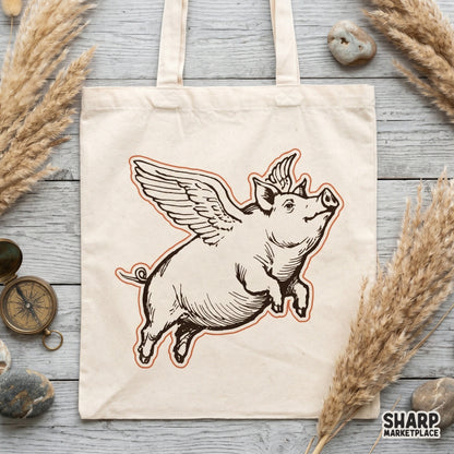 Whimsical flying pig line art with a retro orange border ideal for creating funny farm animal stickers and custom farmhouse aesthetic tumblers