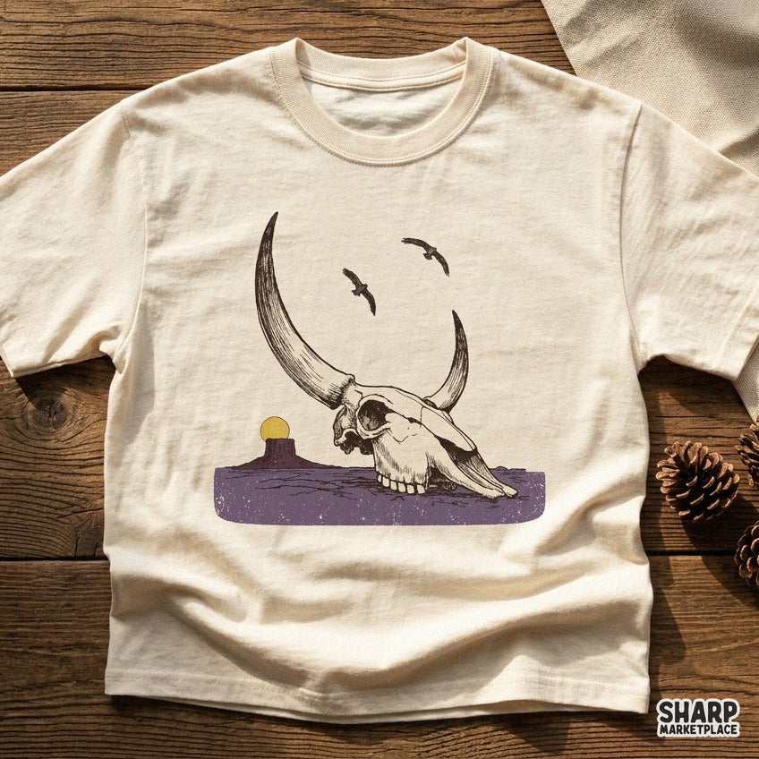 Rustic Desert Bull Horns Mesa Scene Print, Western PNG