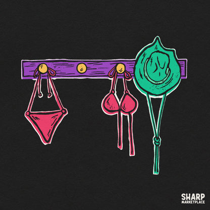 Retro neon bikini and sunhat on a wall rack digital PNG design perfect for summer beach shirts and poolside vibes apparel