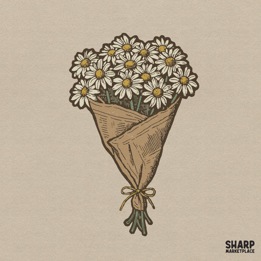 Vintage daisy bouquet wrapped in brown paper, a retro spring botanical PNG graphic for t-shirts and floral crafts