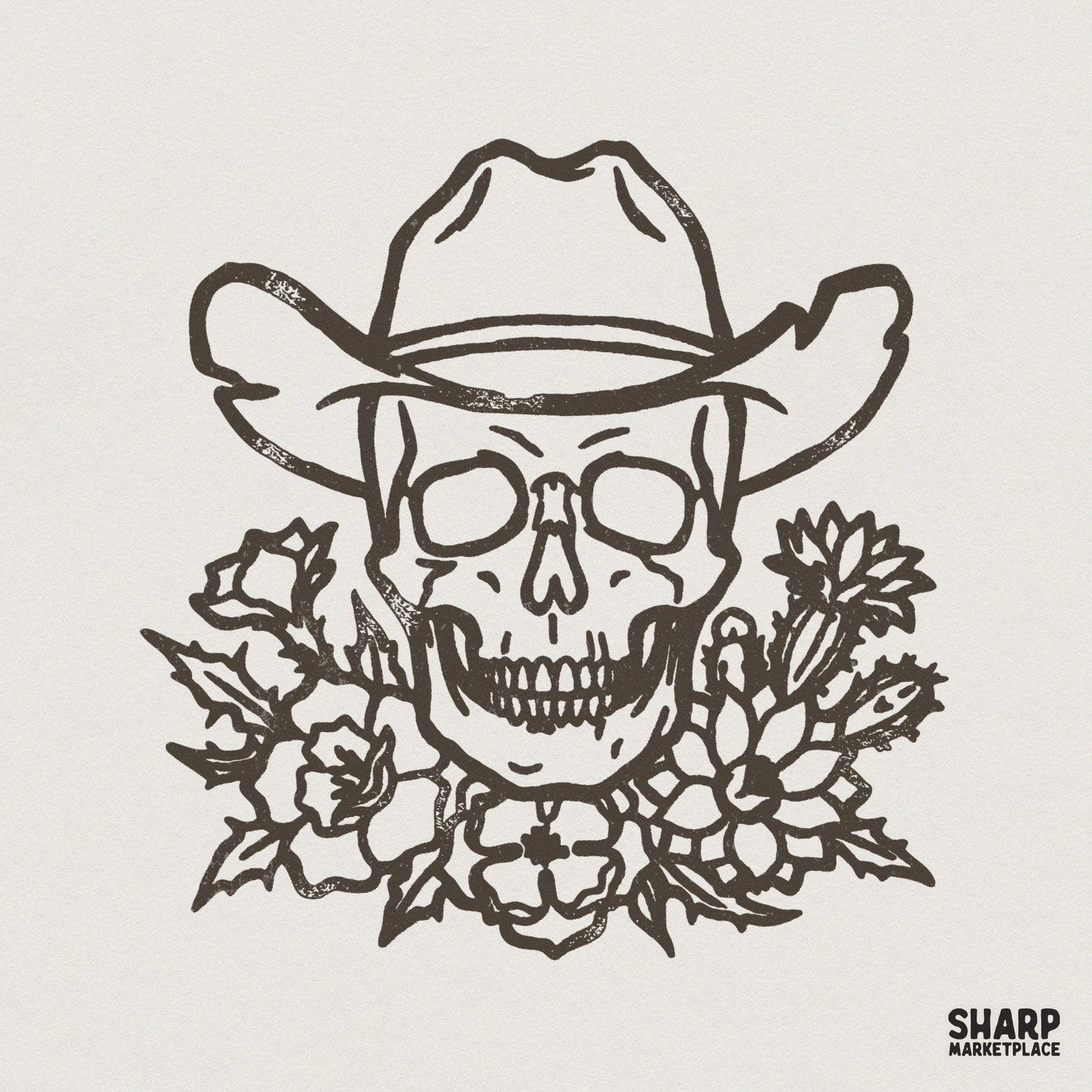 Rustic line art of a skull wearing a cowboy hat surrounded by desert flowers and cacti, perfect for western-themed sublimation or apparel printing.