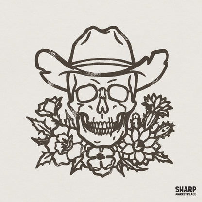 Rustic line art of a skull wearing a cowboy hat surrounded by desert flowers and cacti, perfect for western-themed sublimation or apparel printing.