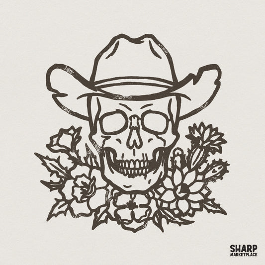 Rustic line art of a skull wearing a cowboy hat surrounded by desert flowers and cacti, perfect for western-themed sublimation or apparel printing.