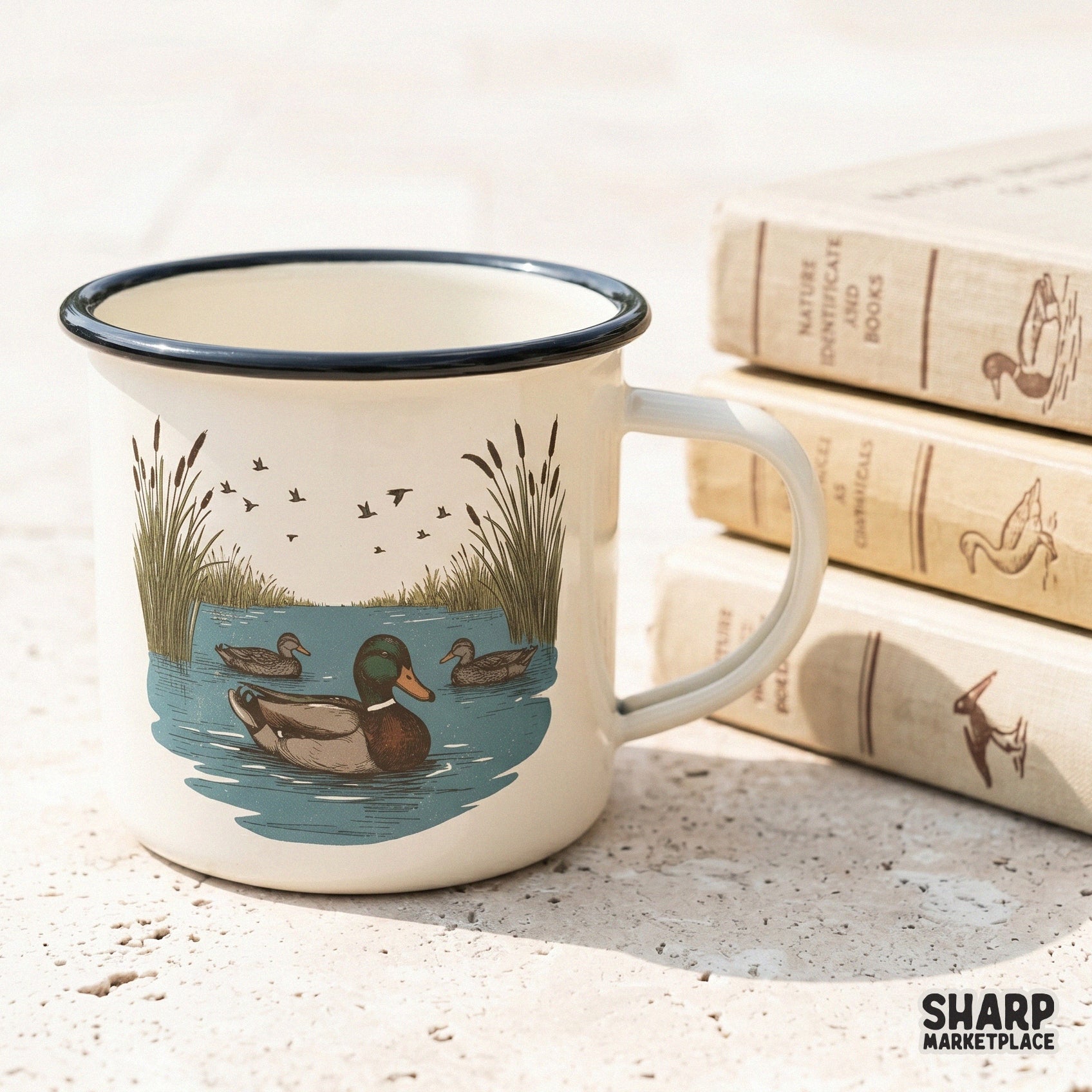 Retro vintage hunting fall png design with mallard ducks swimming in a pond with cattails and flying birds