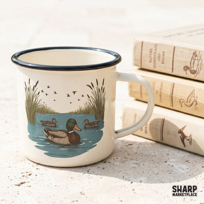Retro vintage hunting fall png design with mallard ducks swimming in a pond with cattails and flying birds