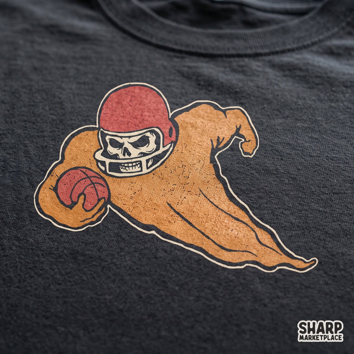 Muscular skeleton wearing a helmet holding a football for retro game day sublimation shirt design