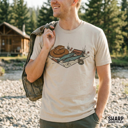 Detailed hand-drawn fishing gear graphic with trout and river tackle, designed for sublimation transfers on tumblers, mugs, or outdoor-themed stickers.