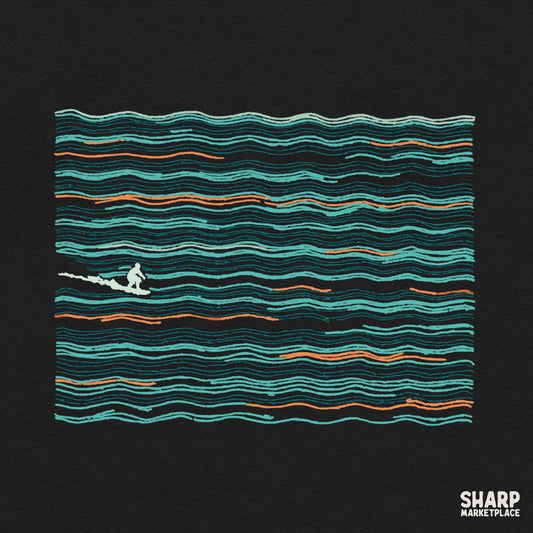Abstract surfer riding ocean waves minimalist line art aesthetic digital download for trendy summer shirts and beach decor