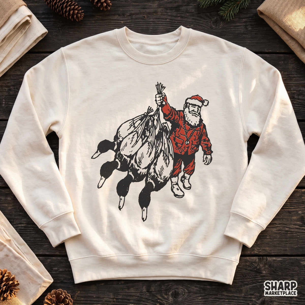 Retro hunting Santa Claus with mallard ducks PNG design for Christmas waterfowl hunter apparel and sublimation