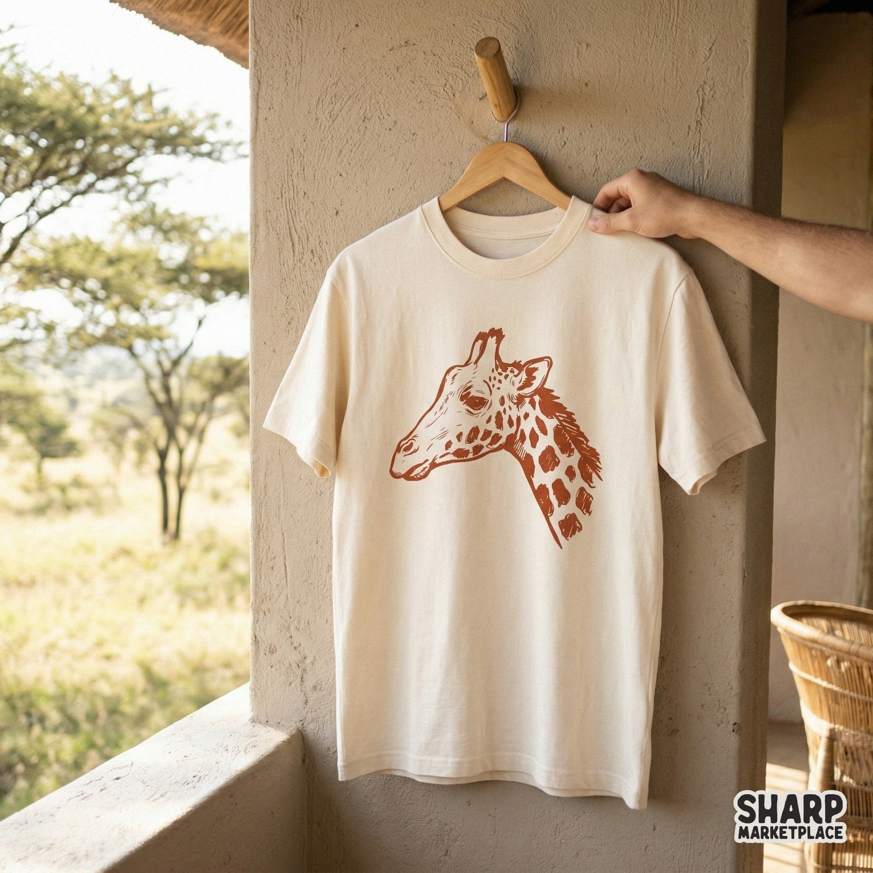 A trendy rust-colored giraffe head illustration printed on a neutral t-shirt, showcasing a clean safari animal sketch for custom apparel and DIY gifts.