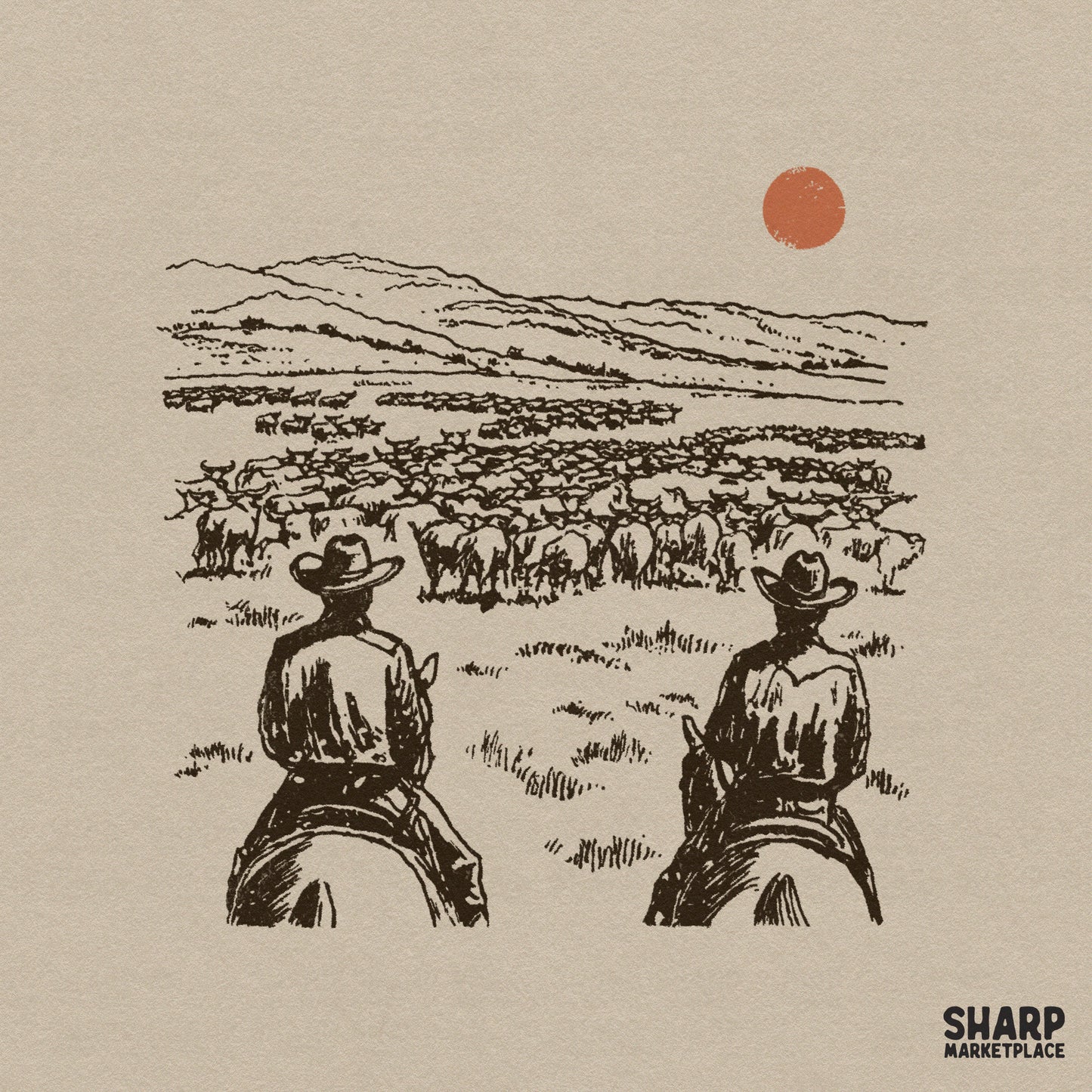 Vintage brown line art of two cowboys on horseback watching a large cattle herd under a setting sun, ideal for western apparel and sublimation.
