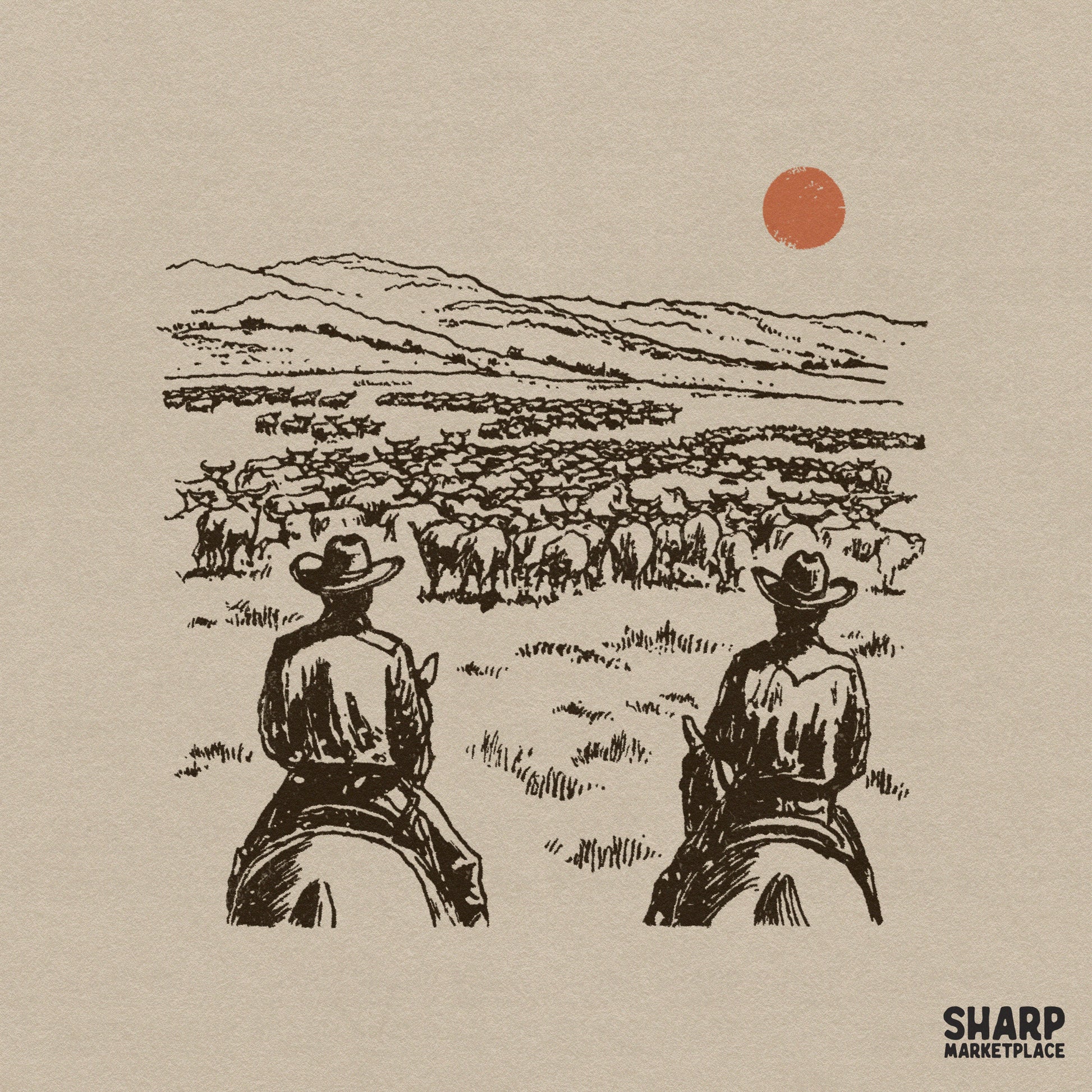 Vintage brown line art of two cowboys on horseback watching a large cattle herd under a setting sun, ideal for western apparel and sublimation.