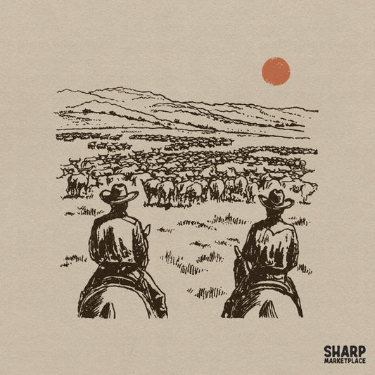 Vintage brown line art of two cowboys on horseback watching a large cattle herd under a setting sun, ideal for western apparel and sublimation.