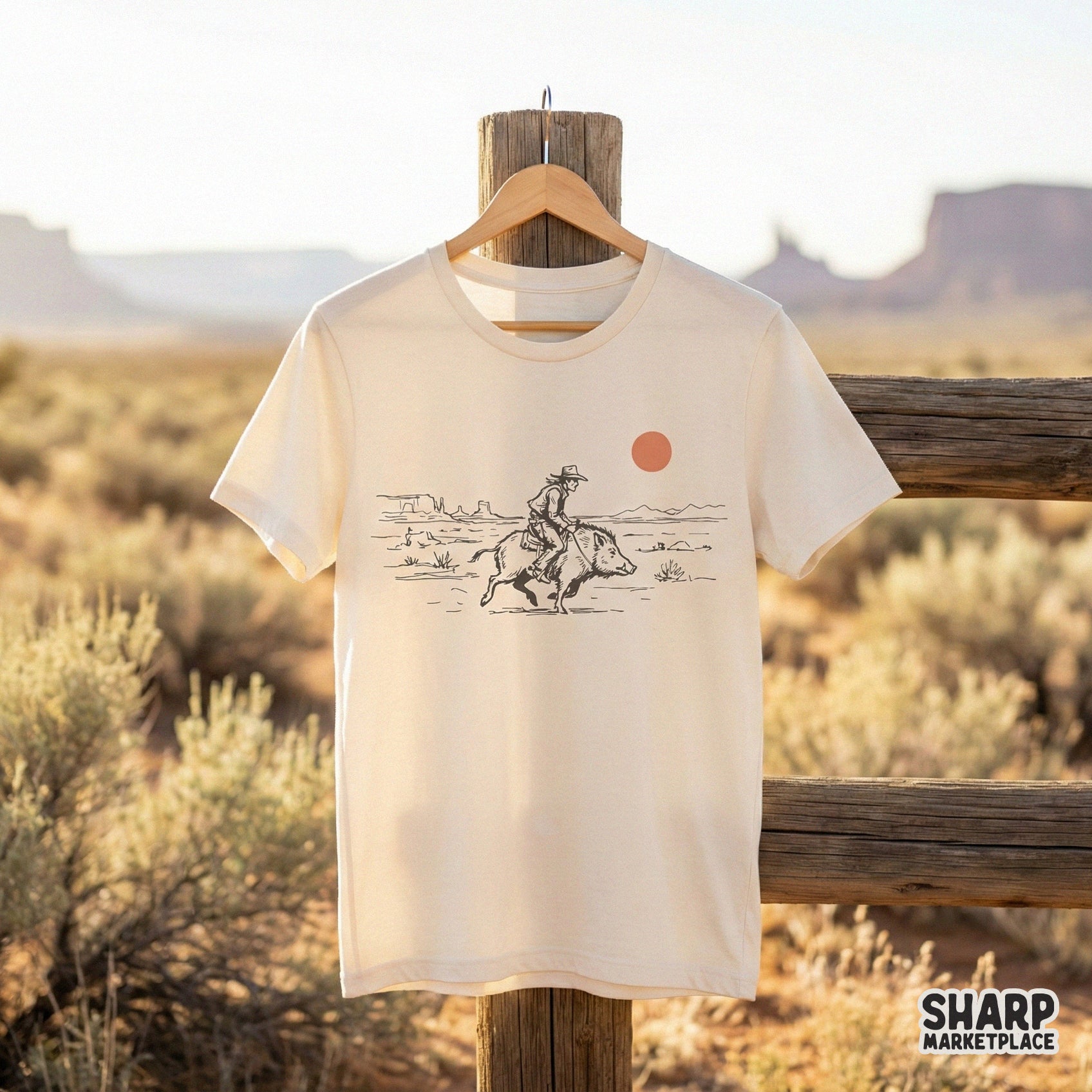 Funny Cowboy Riding Boar PNG Design, Vintage Western Desert Digital