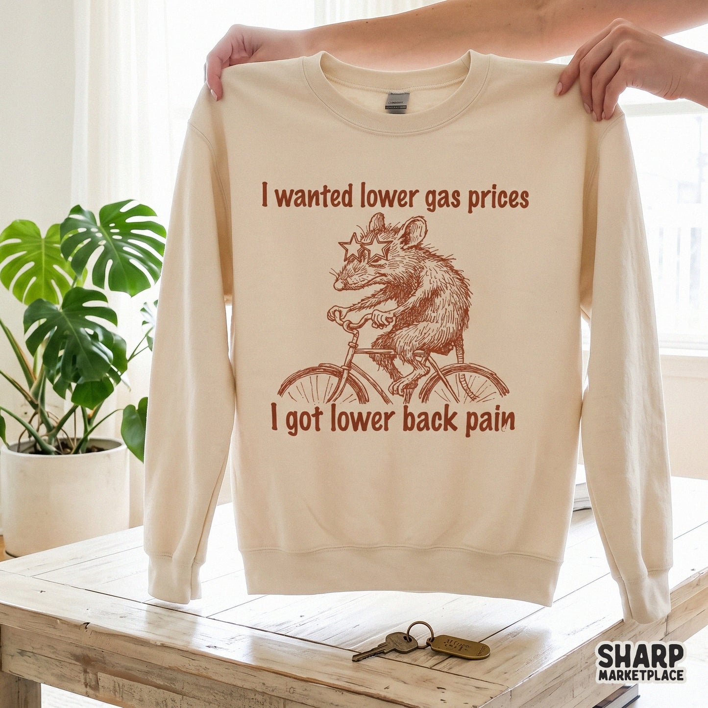 Sarcastic animal meme graphic with a possum cyclist and the text I Wanted Lower Gas Prices I Got Lower Back Pain in a distressed vintage ink style.