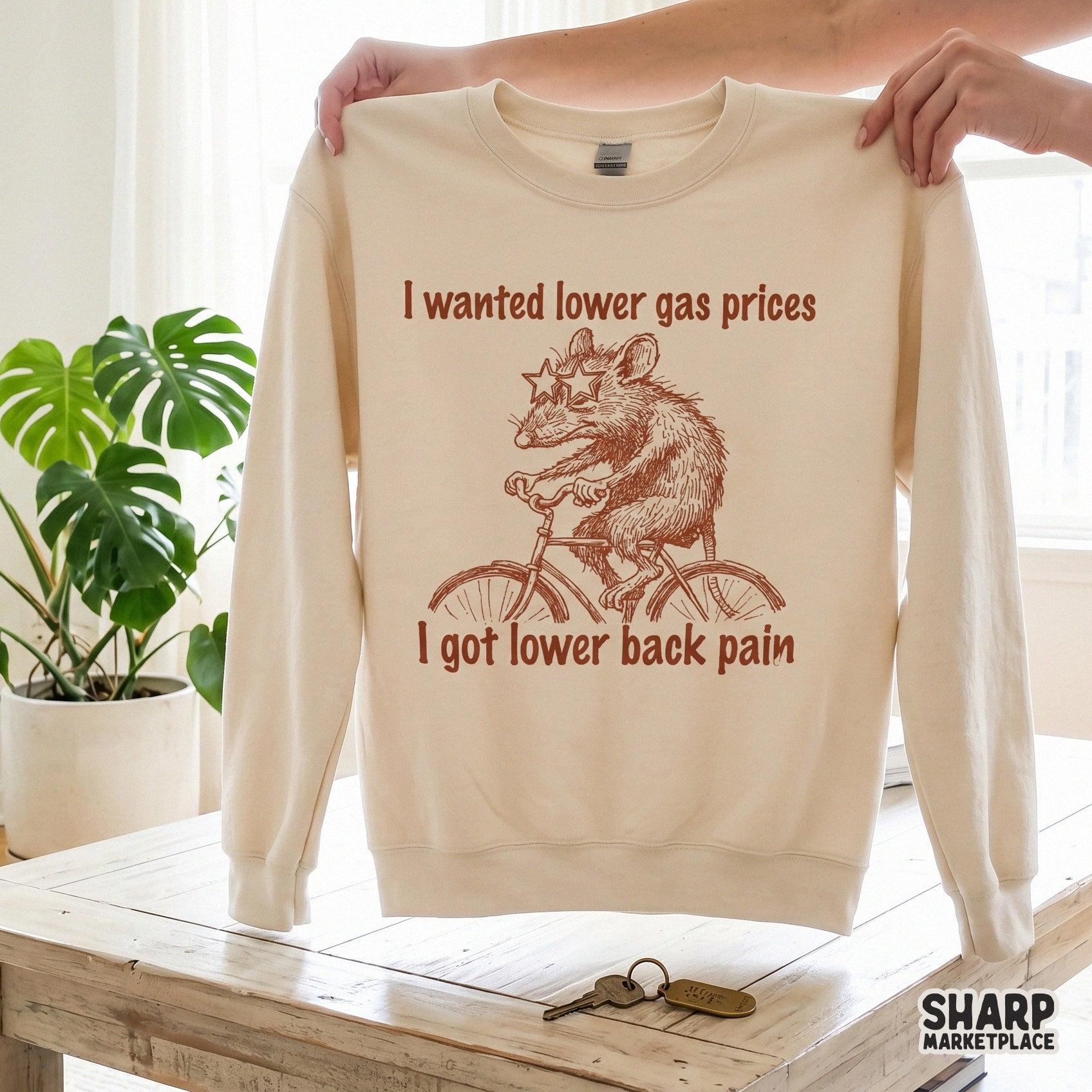 Sarcastic animal meme graphic with a possum cyclist and the text I Wanted Lower Gas Prices I Got Lower Back Pain in a distressed vintage ink style.