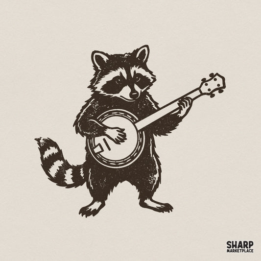 Hand-drawn block print style graphic of a cute raccoon playing a banjo, featuring a dark brown monochromatic design on a neutral background.