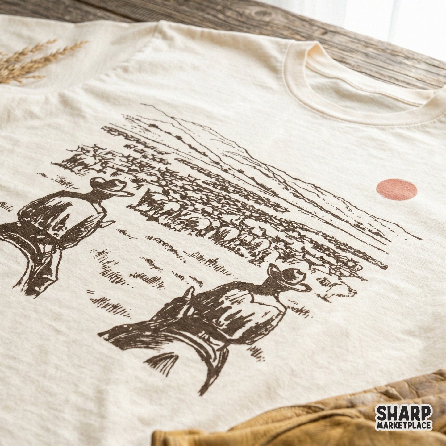 Detailed western cattle drive graphic with a vintage aesthetic, designed for DIY sublimation, apparel printing, and custom western-style merchandise.