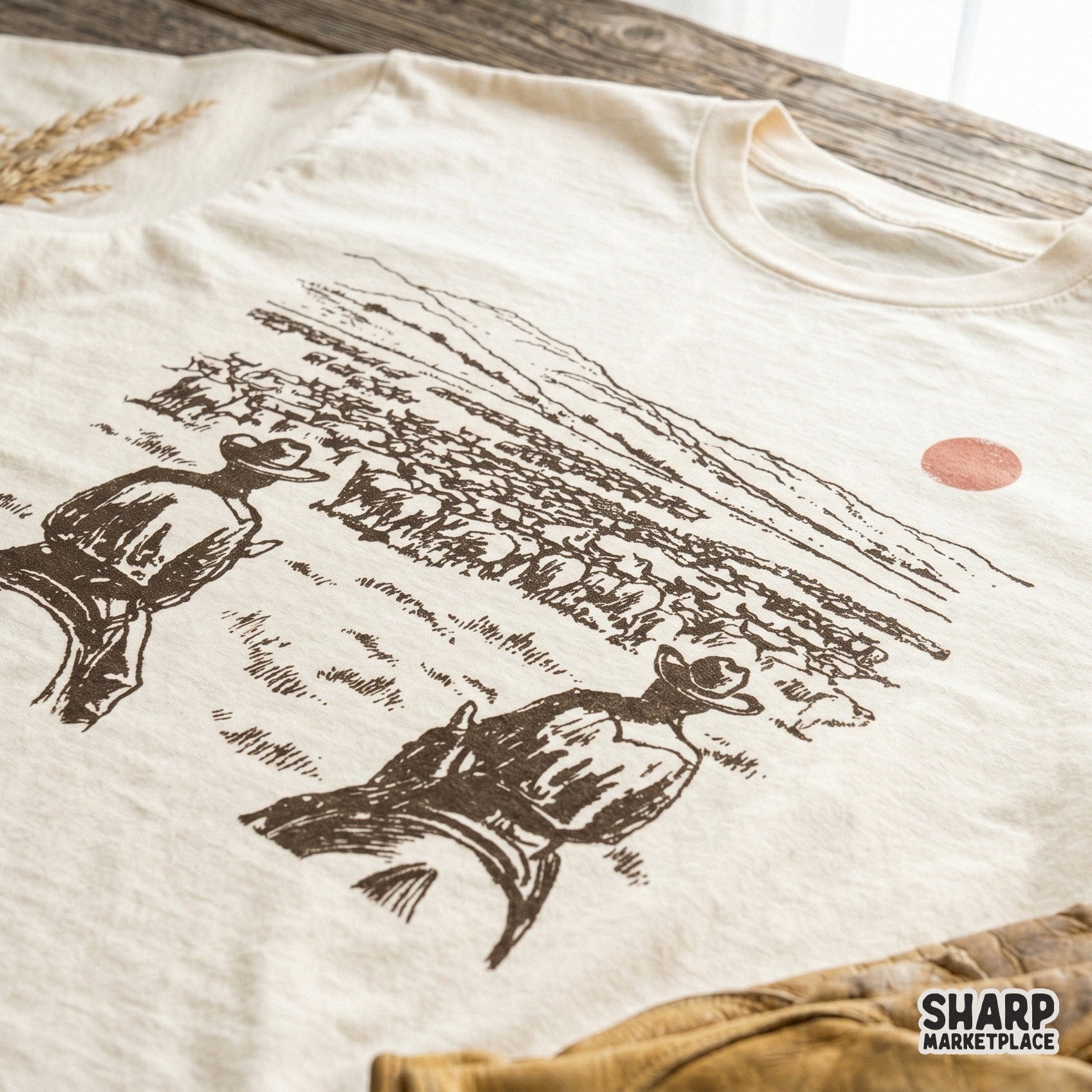 Detailed western cattle drive graphic with a vintage aesthetic, designed for DIY sublimation, apparel printing, and custom western-style merchandise.