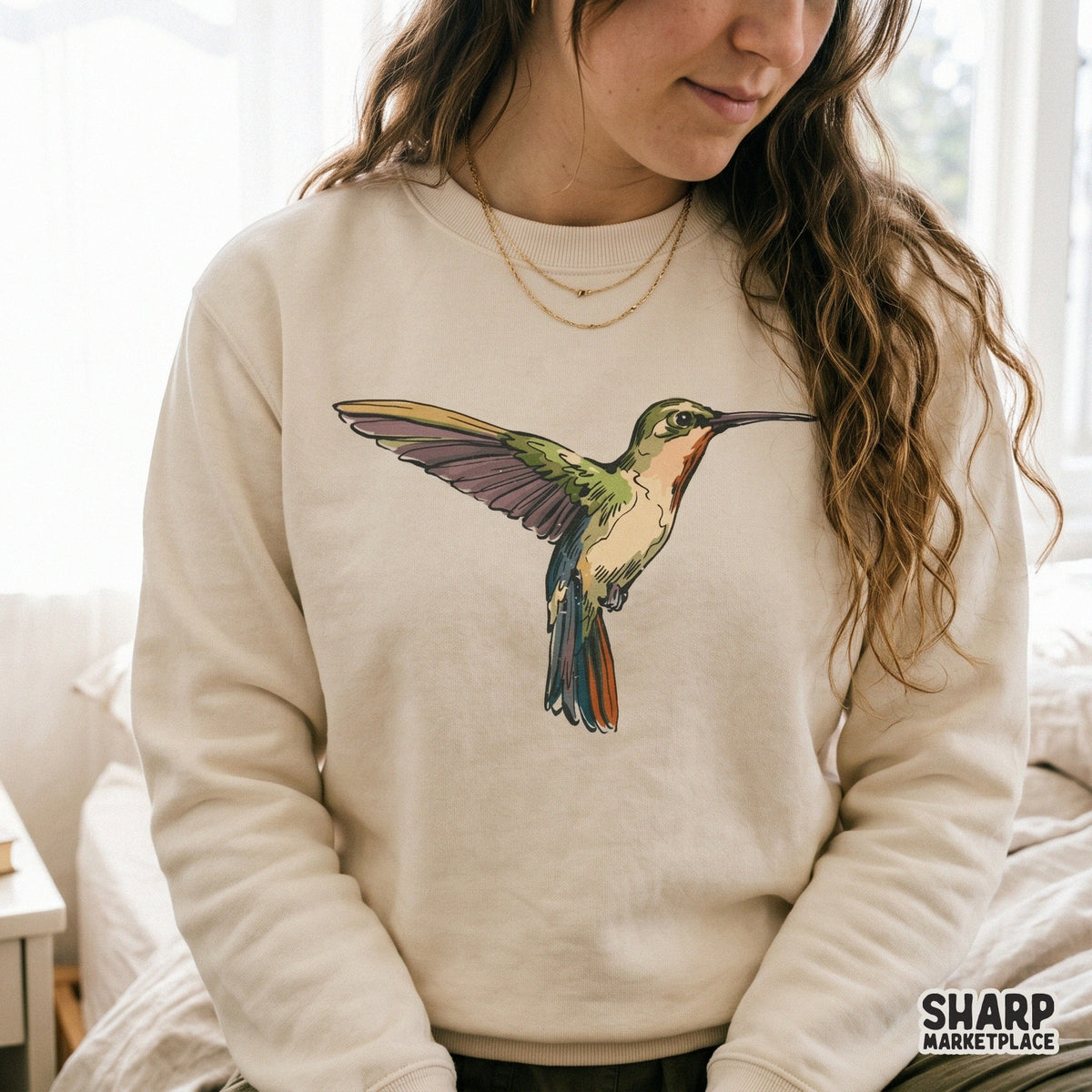 Artistic hummingbird PNG design with a textured botanical feel, suitable for creating garden-inspired stickers, tumblers, and spring-themed clothing.