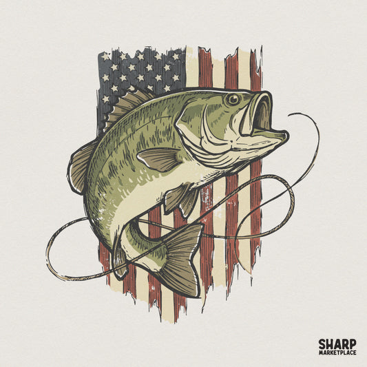 American Flag Bass Fishing PNG, Patriotic Fish Illustration - 300 DPI
