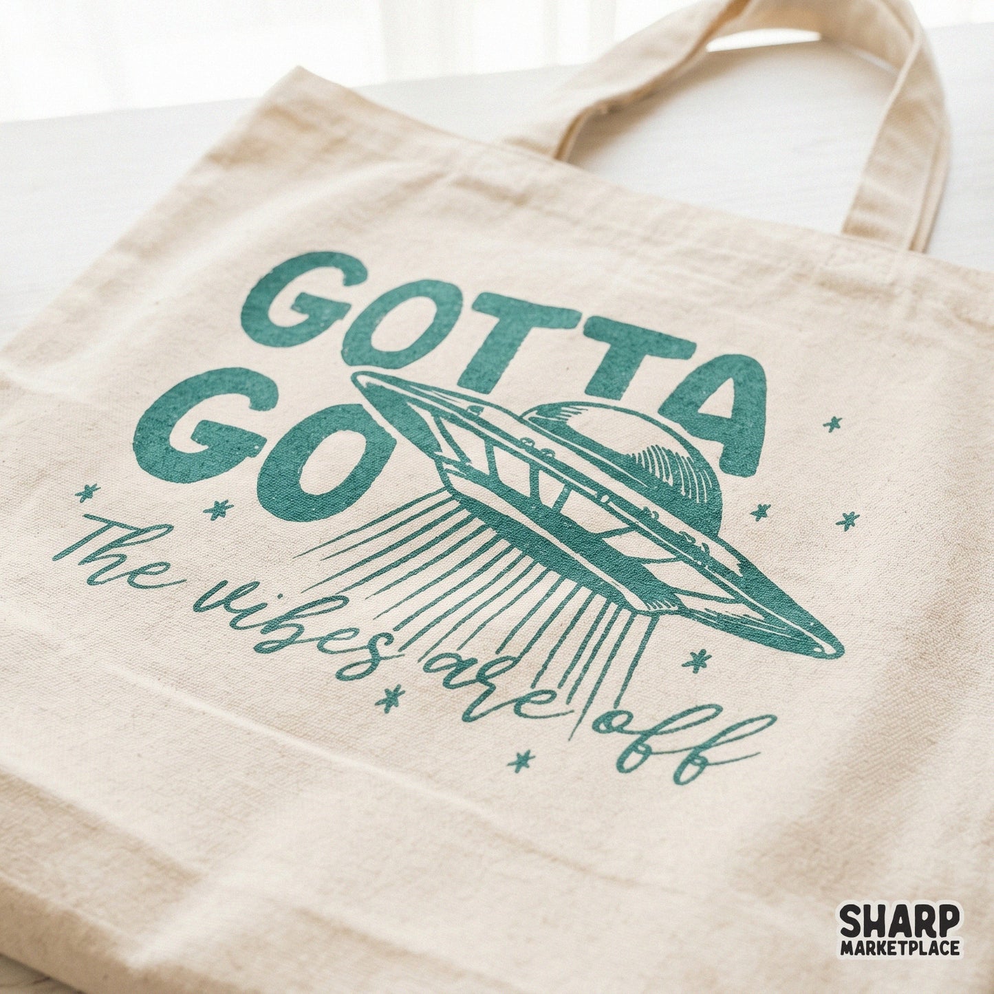 Retro UFO saucer with sarcastic alien humor phrase Gotta Go The Vibes Are Off for custom sublimation shirt designs