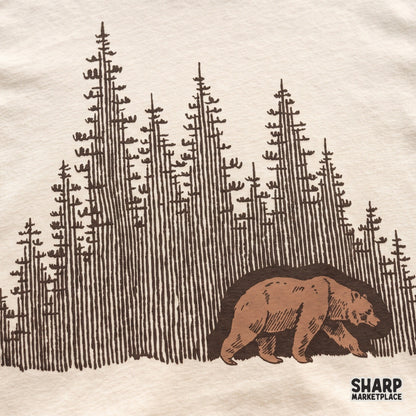 Wild bear silhouette walking through a dense pine tree forest PNG design for camping sublimation t-shirts
