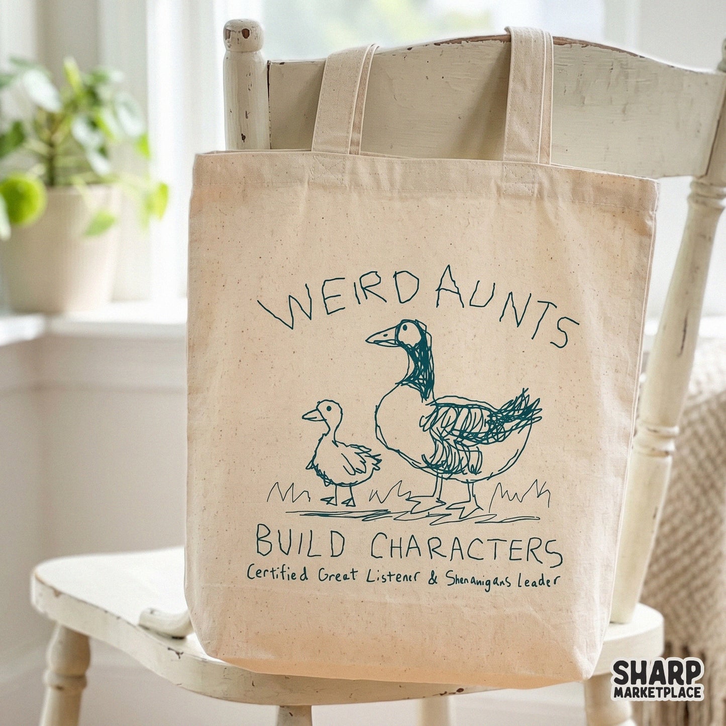 Digital sublimation design featuring a sketchy teal goose and duckling illustration with funny text about being a shenanigans leader for aunt gifts.