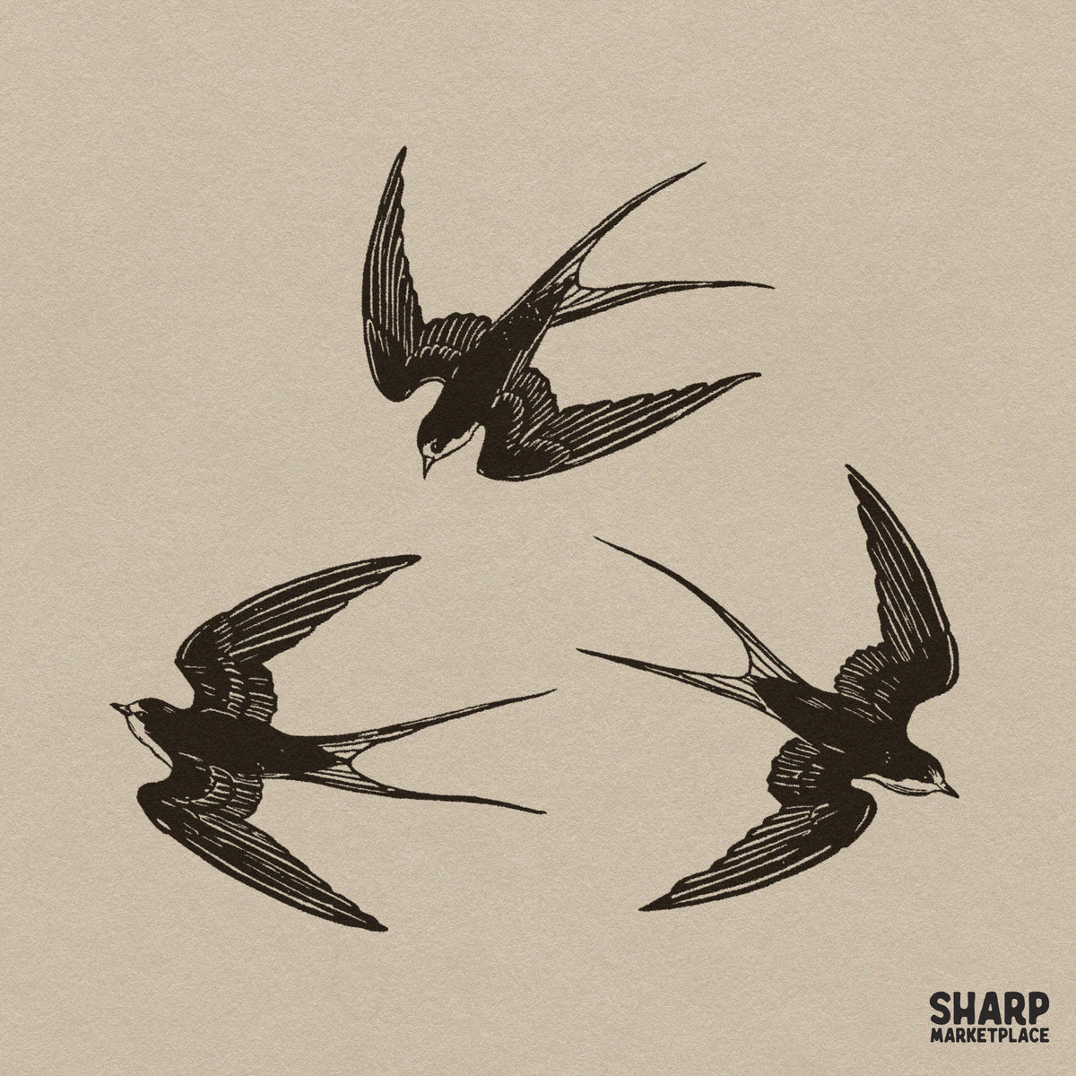 Flying Swallows Traditional Sailor Bird Trio Illustration