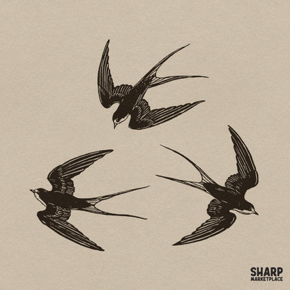 Flying Swallows Traditional Sailor Bird Trio Illustration