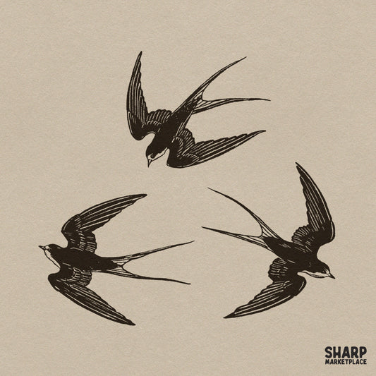 Flying Swallows Traditional Sailor Bird Trio Illustration
