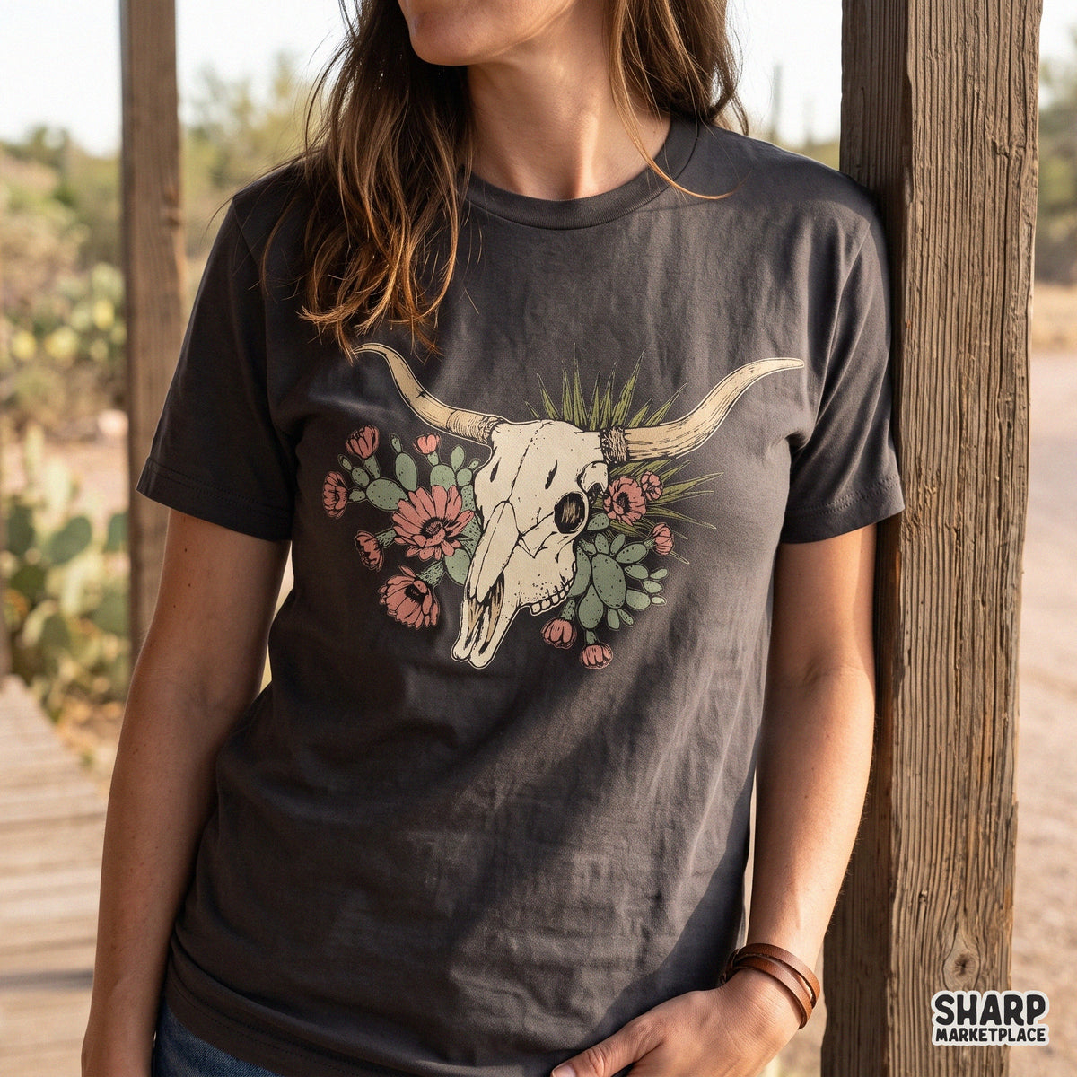 Boho floral cow skull with cactus illustration for vintage desert steer and western cowgirl t-shirt designs