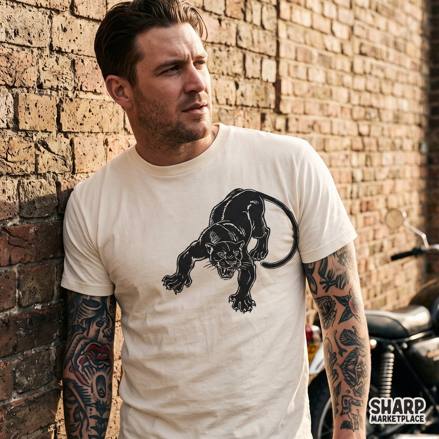 Traditional tattoo style crouching black panther vintage graphic for streetwear t-shirt print on demand designs