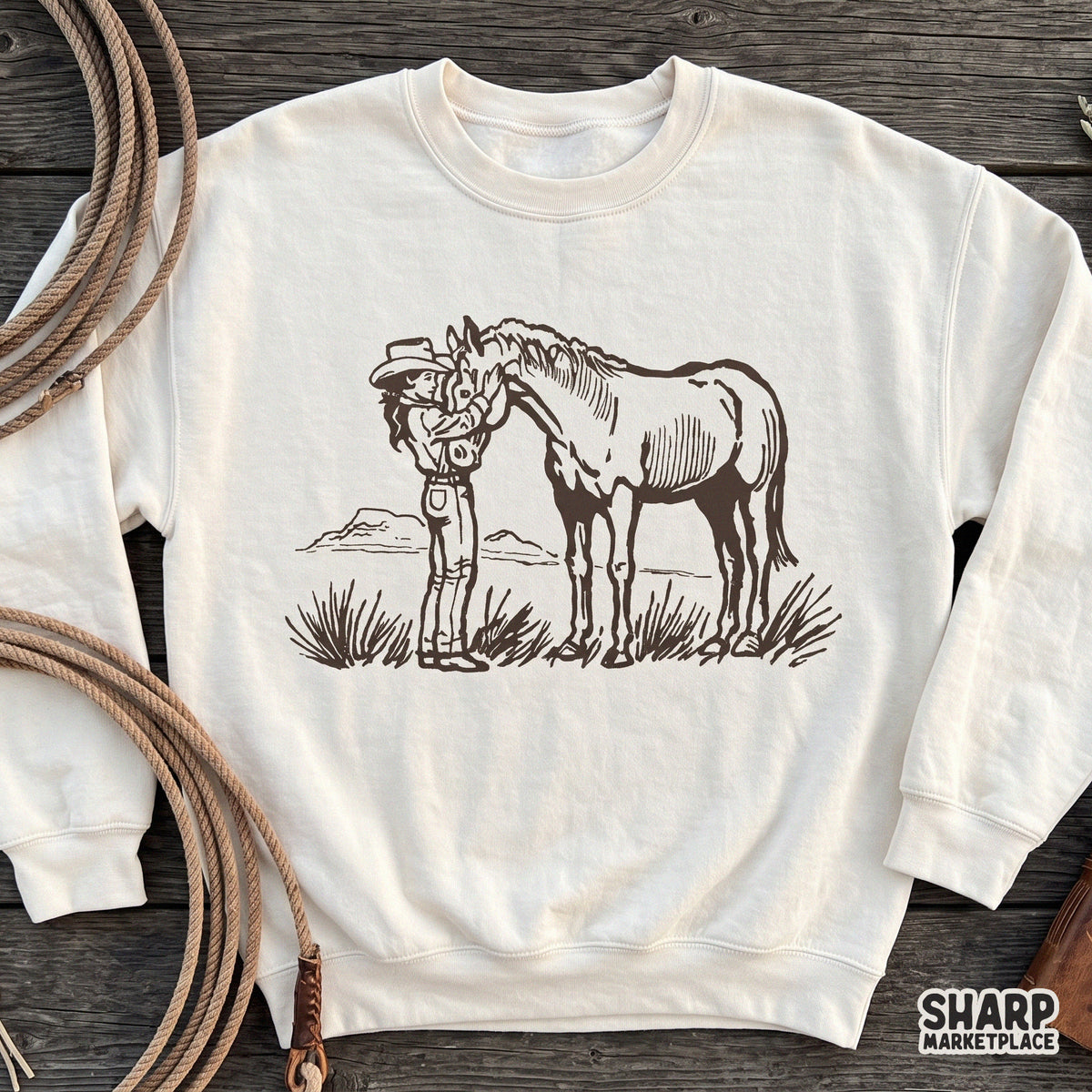 Vintage sketch cowgirl petting a horse in desert sublimation PNG for western country music t-shirts