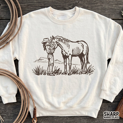 Vintage sketch cowgirl petting a horse in desert sublimation PNG for western country music t-shirts
