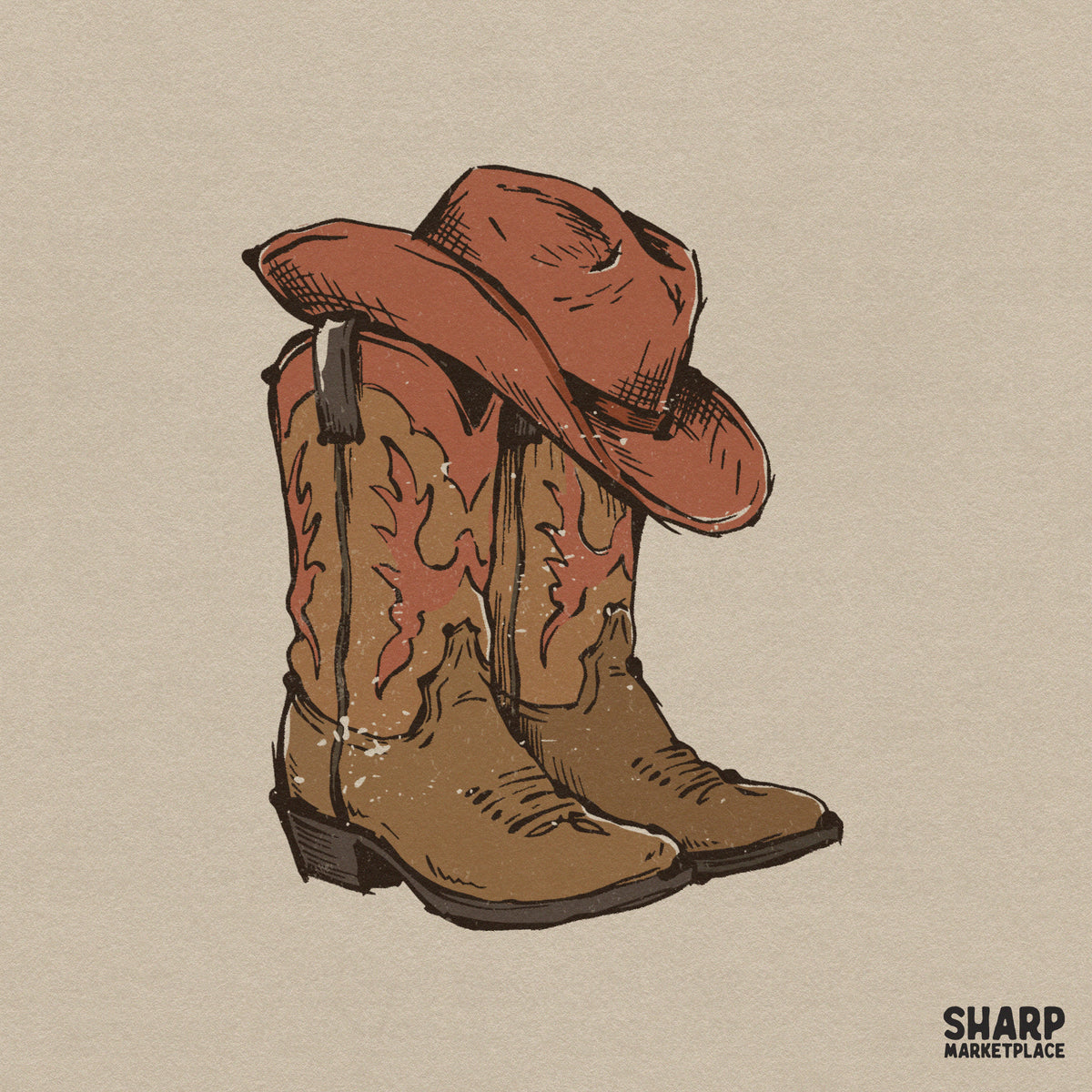 Hand-drawn sketch illustration of rustic tan cowboy boots with red flame stitching and a tilted brown wide brim hat for western apparel designs.