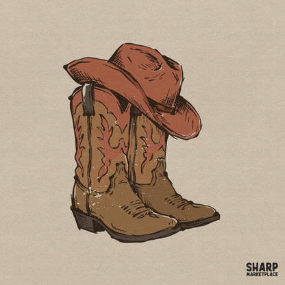 Hand-drawn sketch illustration of rustic tan cowboy boots with red flame stitching and a tilted brown wide brim hat for western apparel designs.