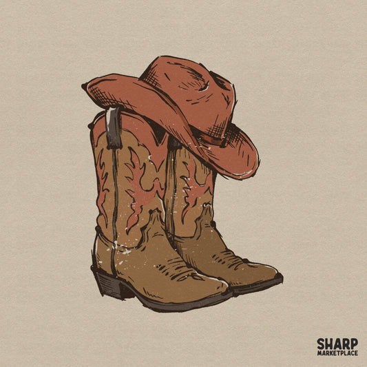 Hand-drawn sketch illustration of rustic tan cowboy boots with red flame stitching and a tilted brown wide brim hat for western apparel designs.