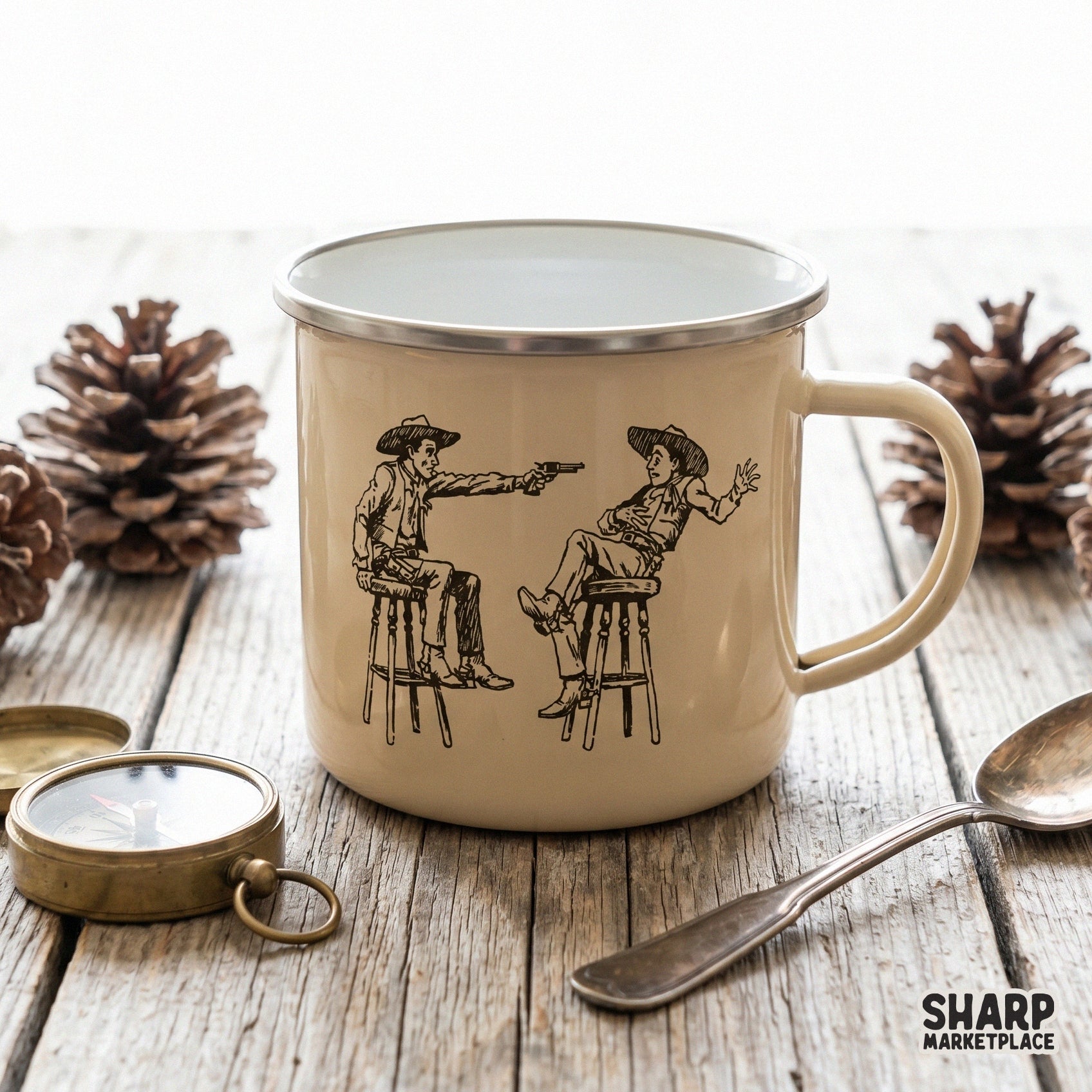 Hand-drawn sketch of a wild west pistol standoff, featuring two outlaws on wooden stools, ideal for custom t-shirt and tumbler designs.